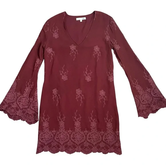 Wayf Burgundy Embroidered Flair Sleeved Dress sz S - Picture 2 of 13